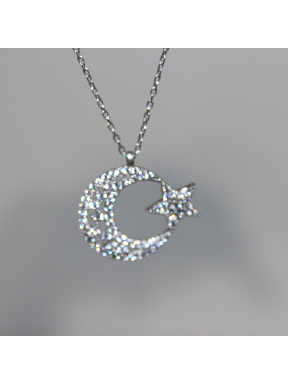 Brilliant Crystal 925 Sterling Silver Moon & Star Necklace Turkish Flag